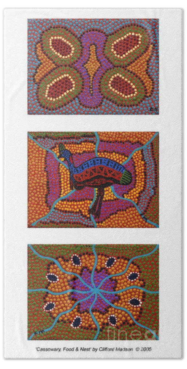 Cassowary Beach Towel featuring the painting Cassowary - Food - Nest by Clifford Madsen