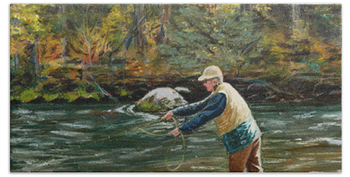 Fly Fishing Beach Sheet featuring the painting Cast Away by Mary Benke