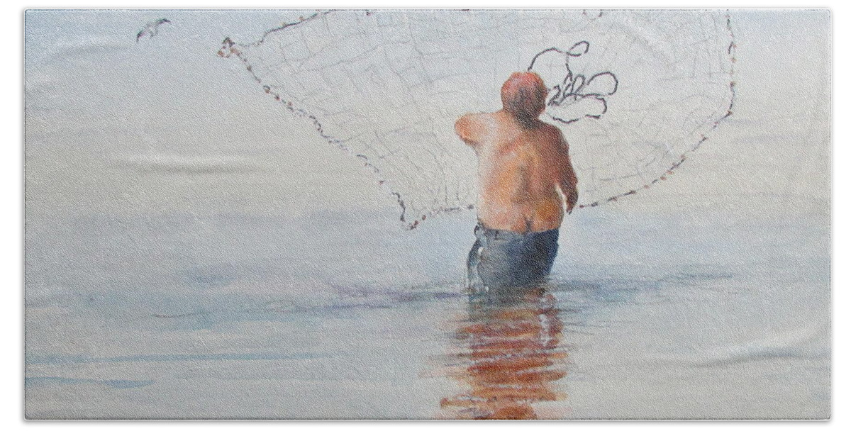  Beach Towel featuring the painting Cast Net Fishing by Bobby Walters