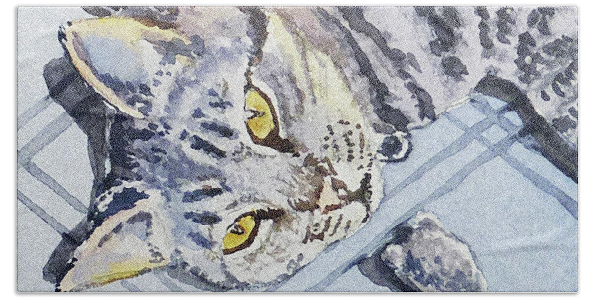 Cat Alert Beach Towel featuring the painting Cat Alert by Irina Sztukowski