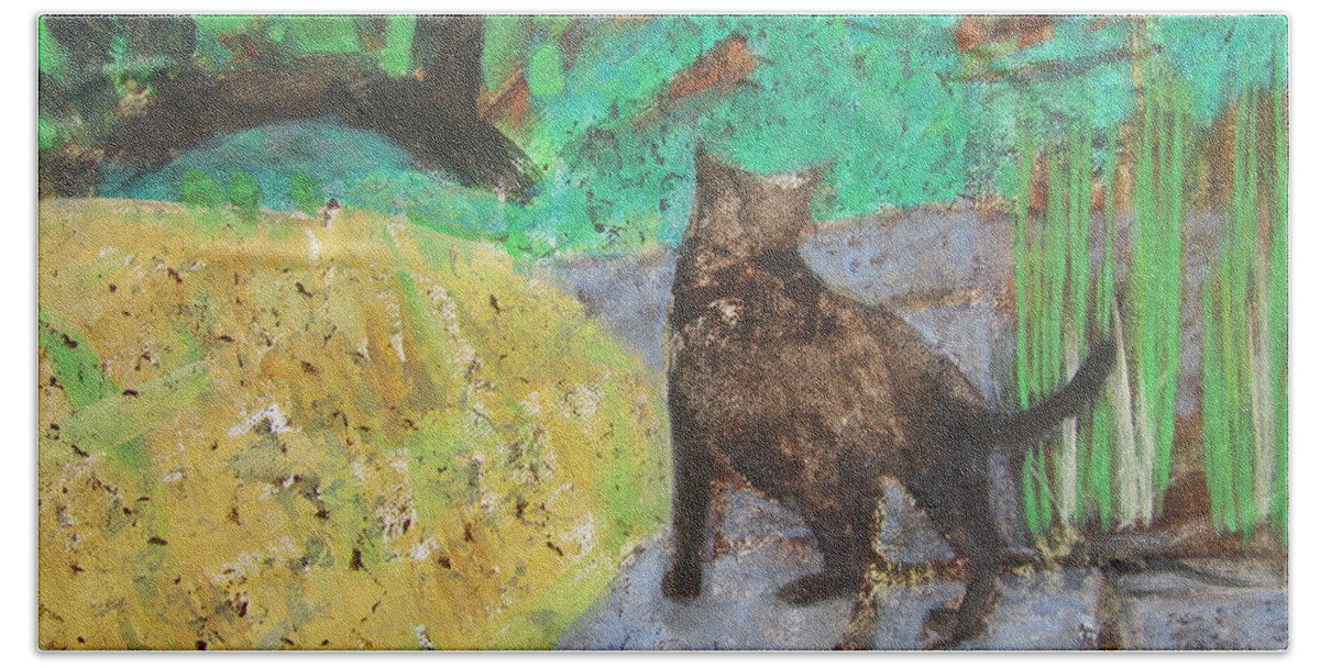 Cat In A Garden Beach Sheet featuring the painting Cat in a Garden by Kazumi Whitemoon
