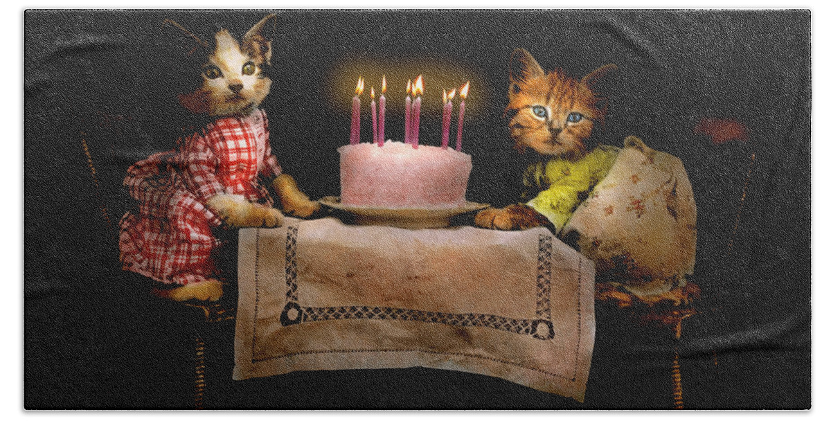 Cat Beach Towel featuring the photograph Cat - It's our birthday - 1914 by Mike Savad