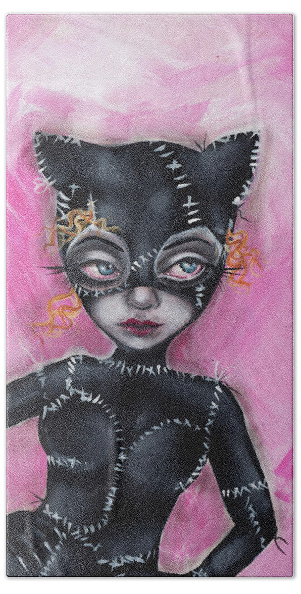 Catwoman Beach Towel featuring the painting Cat Woman by Abril Andrade