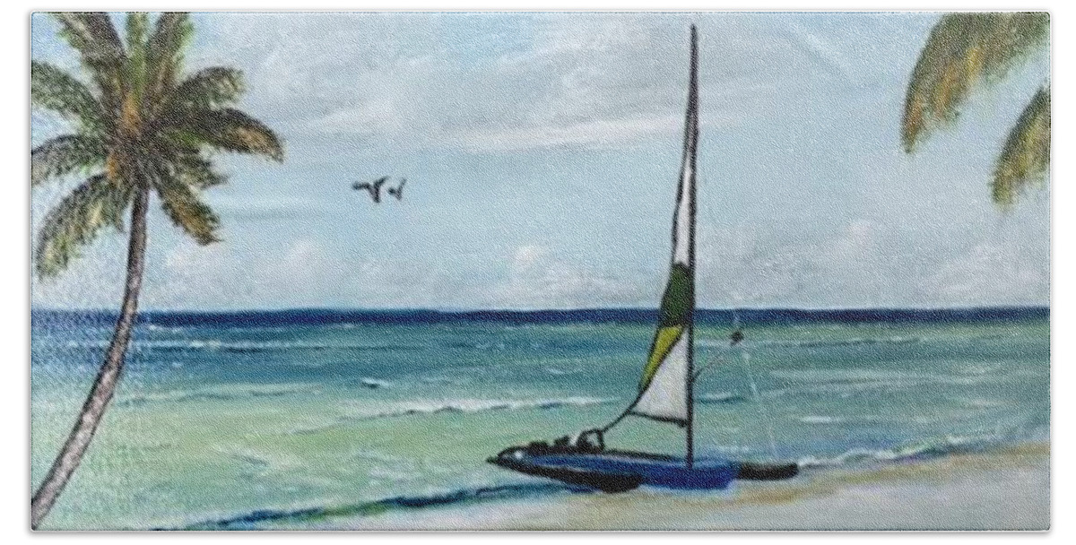 Catamaran Beach Towel featuring the painting Catamaran On The Beach by Lloyd Dobson