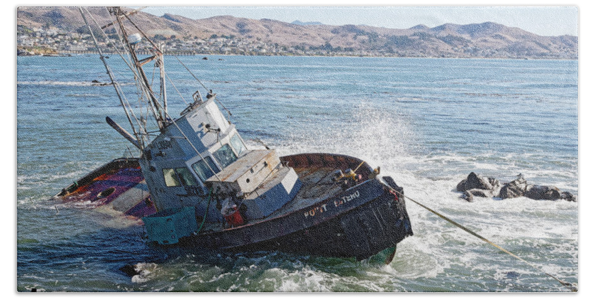 Darin Volpe Ships And Boats Beach Towel featuring the photograph Catch of the Day -- Abandoned Fishing Boat in Cayucos, California by Darin Volpe