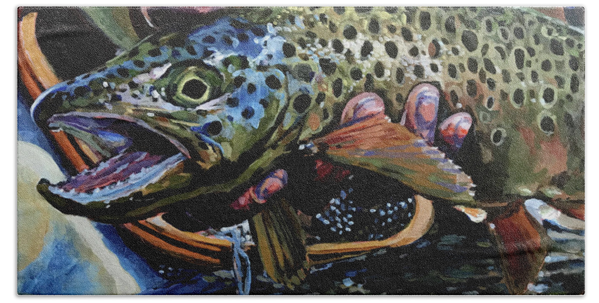 Brown Trout Beach Towel featuring the painting Catch of the Day by Les Herman