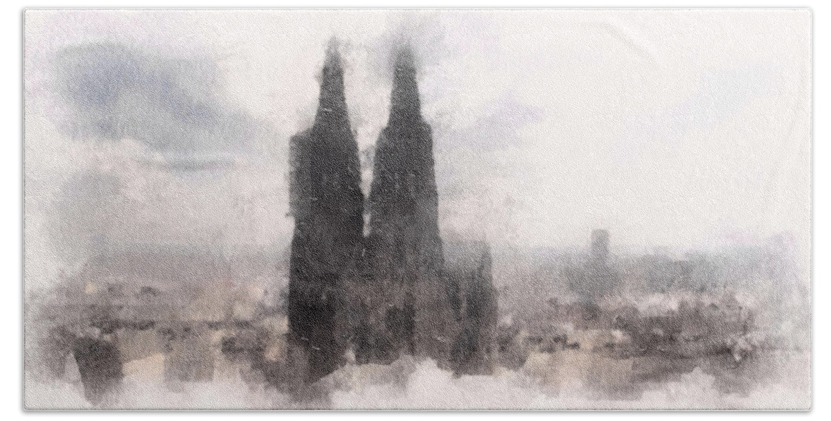 Susan Maxwell Schmidt Beach Sheet featuring the mixed media Cathedral of Cologne by Susan Maxwell Schmidt