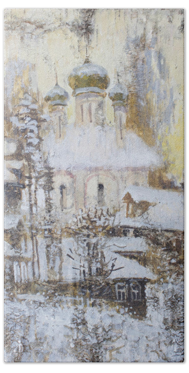 Russia Beach Towel featuring the painting Cathedral Over the Snowy Village by Ilya Kondrashov
