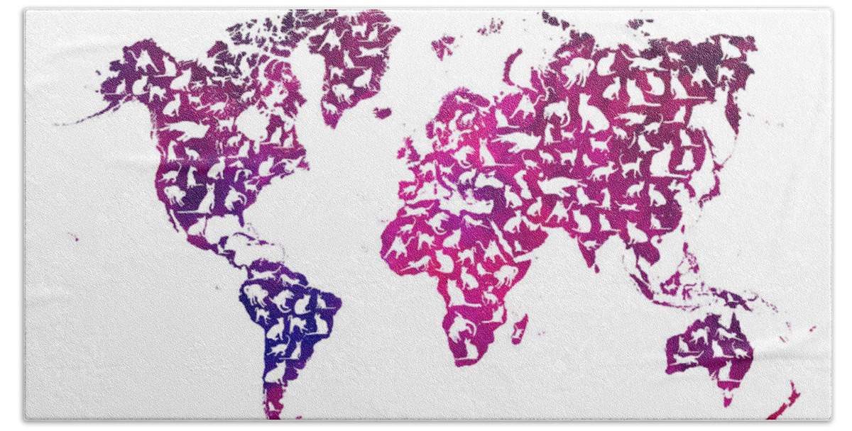 Cat Beach Towel featuring the digital art Cats world map purple by Justyna Jaszke JBJart