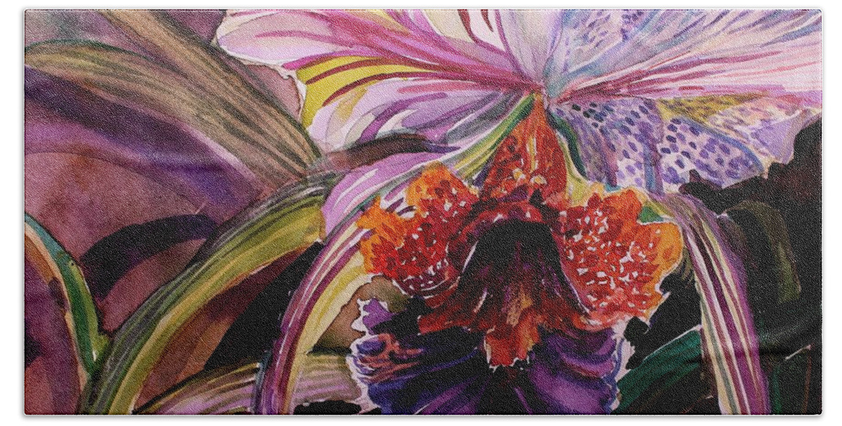 Cattleya Beach Towel featuring the painting Cattleya Orchid by Mindy Newman