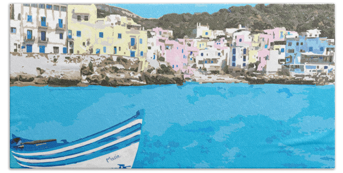 Italy Beach Towel featuring the digital art Cefalu Sicily Italy with Fishing Boat by Inge Lewis