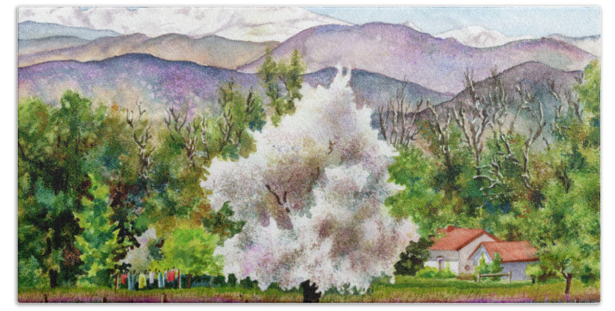 Blossoming Tree Painting Beach Sheet featuring the painting Celeste's Farm by Anne Gifford