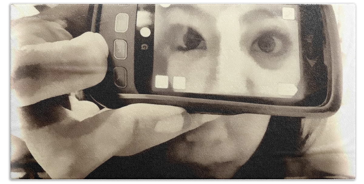 Cellphone Eyes; Girl; Eyes; Hand; Joe Lach Beach Sheet featuring the photograph Cellphone Eyes by Joe Lach
