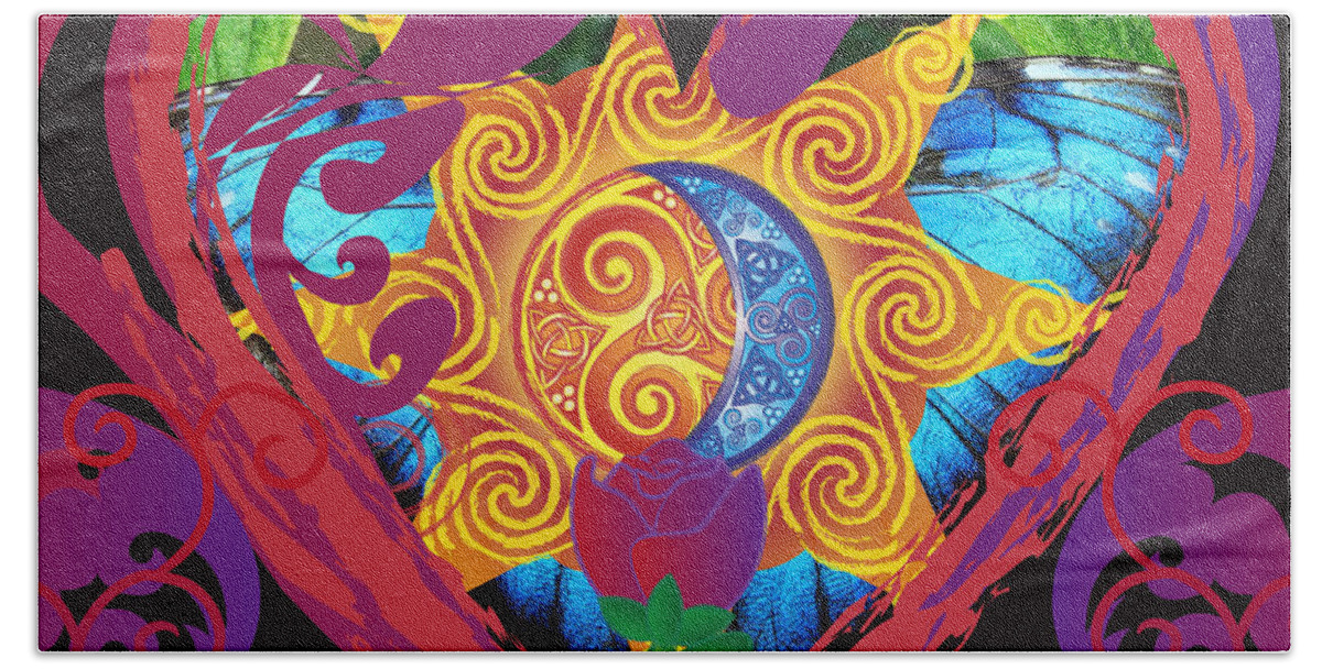 Sun Beach Towel featuring the digital art Celtic Eclipse of the Heart Close-up by Celtic Artist Angela Dawn MacKay