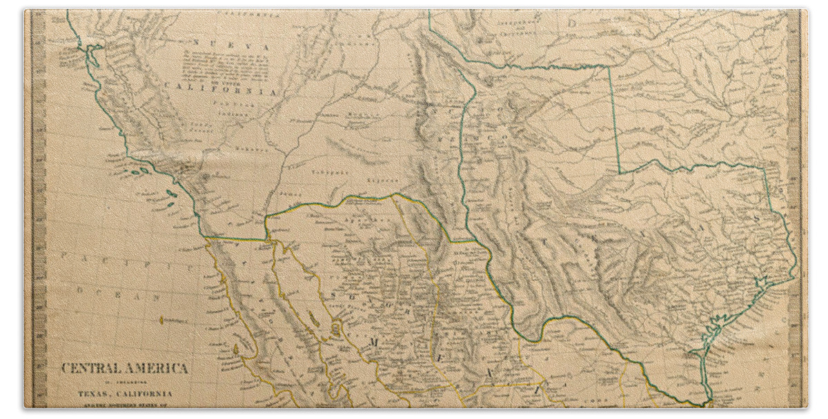 Map Beach Towel featuring the digital art Central America - see below, Including Texas, California and Northern Mexico, 1846 by Texas Map Store