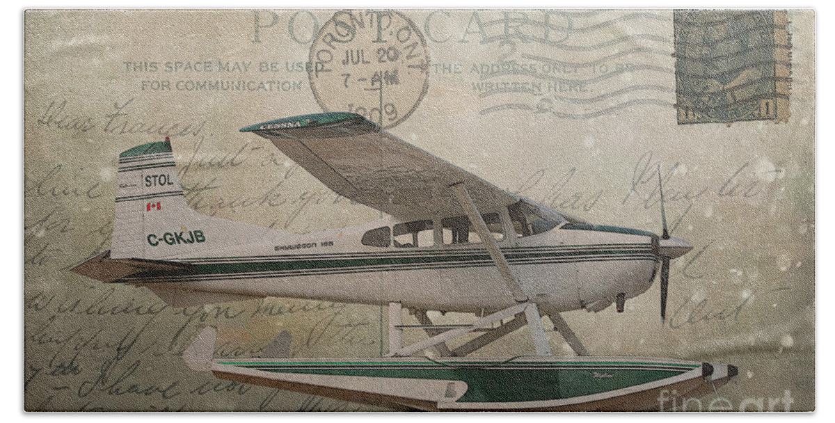 Planes Beach Sheet featuring the photograph Cessna Skywagon 185 on Vintage Postcard by Nina Silver