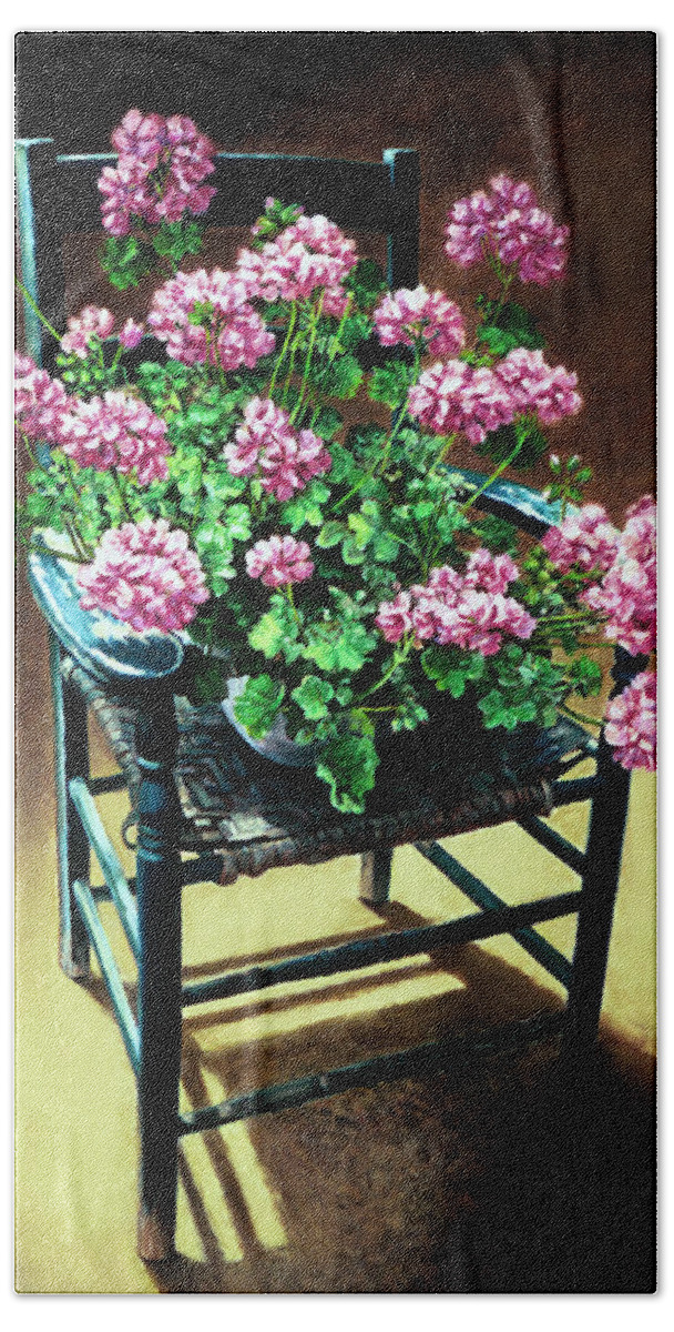 Flowers Beach Towel featuring the painting Chair with Geraniums by Marie Witte