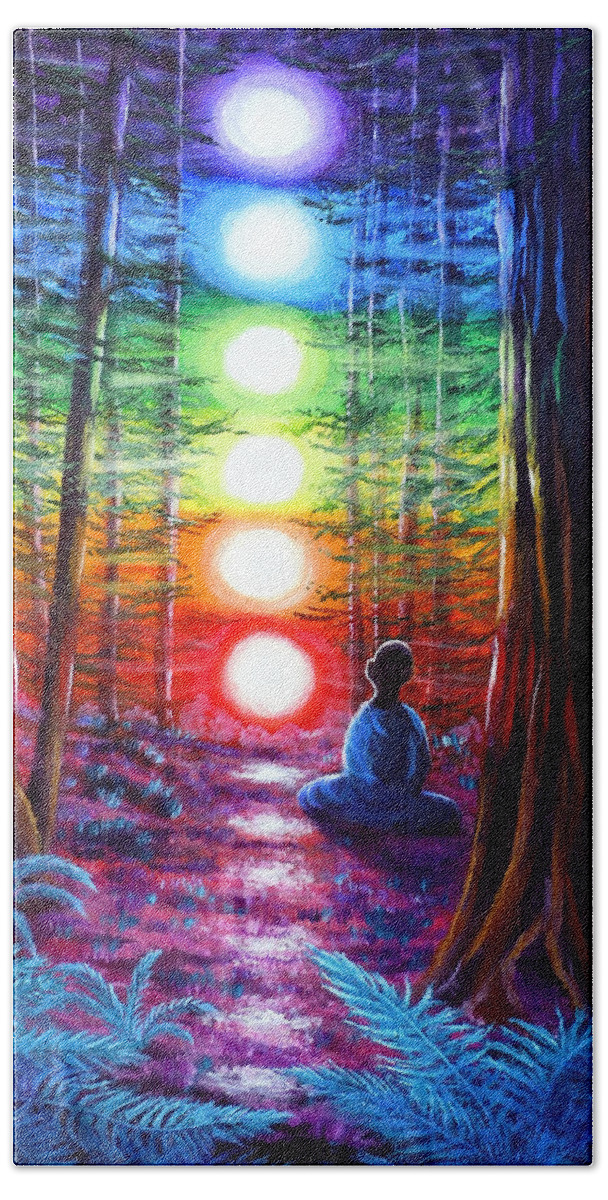 Zen Beach Towel featuring the painting Chakra Meditation in the Redwoods by Laura Iverson