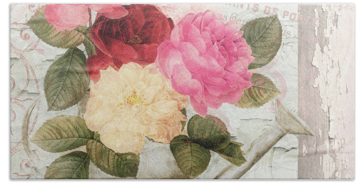 Shabby Roses Beach Towel featuring the painting Chalet d'Ete Roses by Mindy Sommers