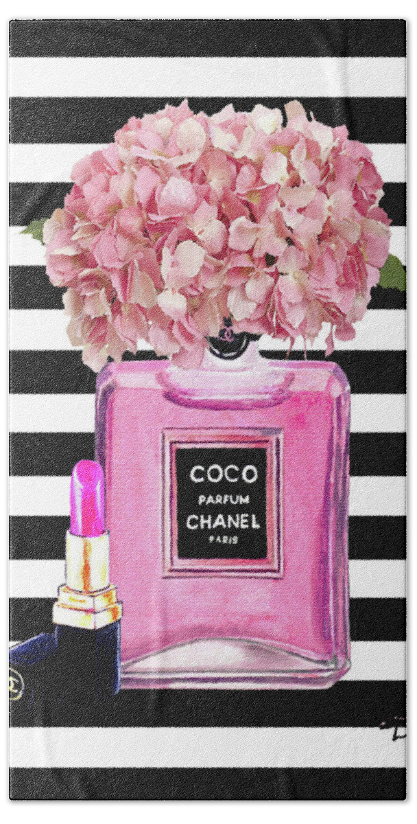 Chanel Poster Pink Perfume Hydrangea Print Beach Towel for Sale by Del Art