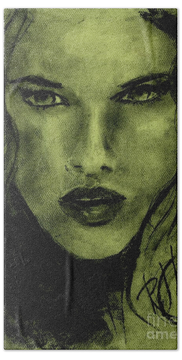 Charcoal Portrait Beach Sheet featuring the drawing char-Carol by PJ Lewis