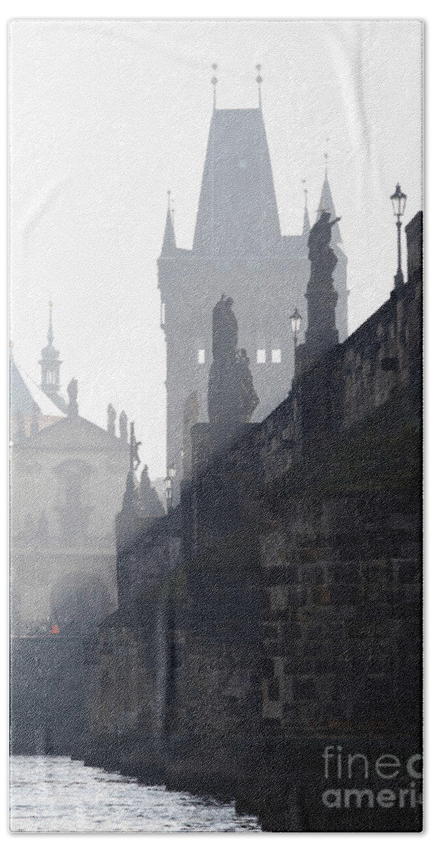 Bridge Beach Towel featuring the photograph Charles bridge in the early morning fog by Michal Boubin