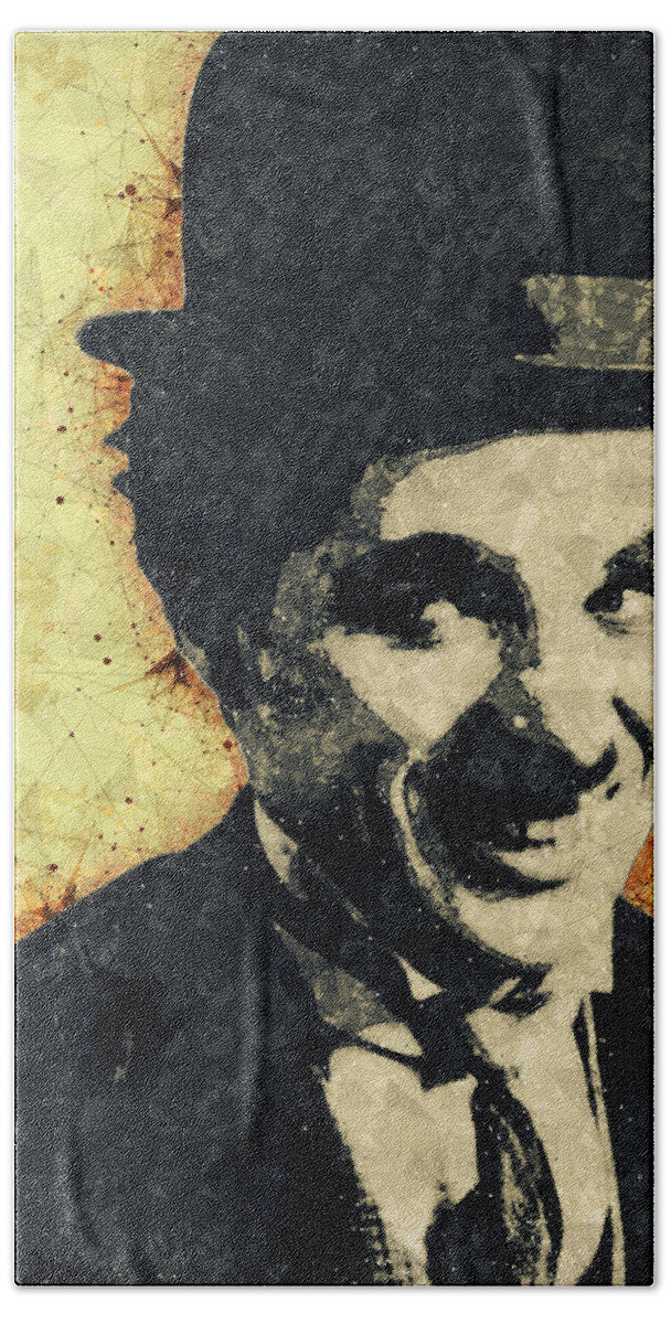 Charlie Chaplin Beach Towel featuring the mixed media Charlie Chaplin Illustration by Studio Grafiikka
