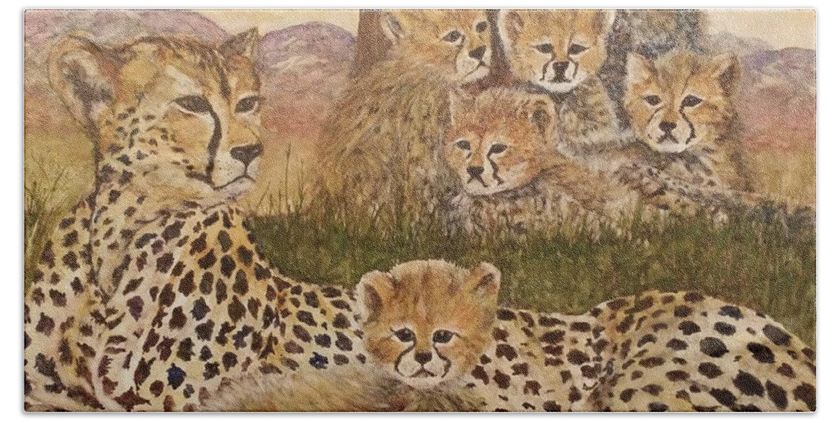 Watercolor Beach Towel featuring the painting Cheetah Family Portrait by Cheryl Wallace