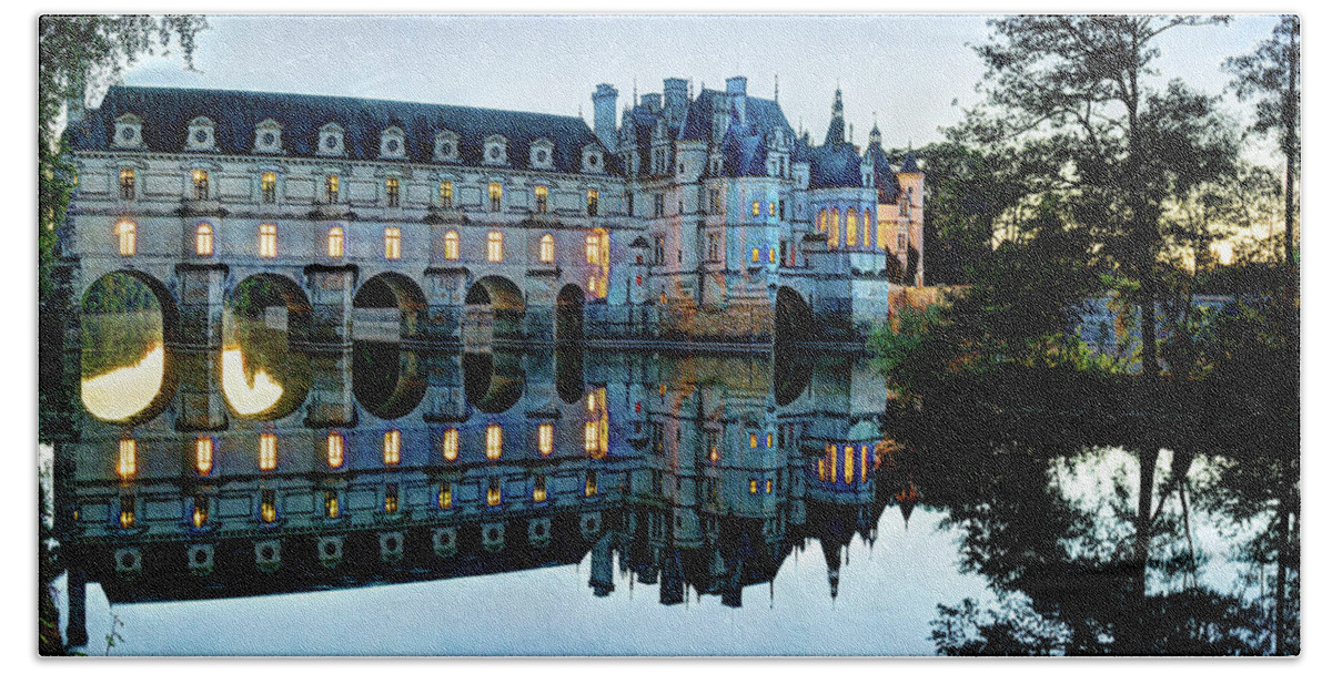 Chateau De Chenonceau Beach Towel featuring the photograph Chenonceau twilight in blue - vintage version by Weston Westmoreland