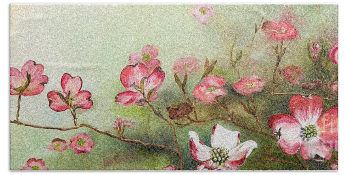 Cherokee Dogwood Beach Towel featuring the painting Cherokee Dogwood - Brave- Blushing by Jan Dappen