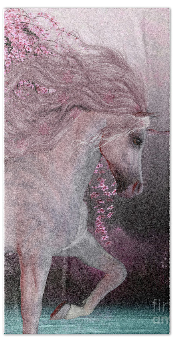 Unicorn Beach Towel featuring the painting Cherry Blossom Unicorn by Corey Ford