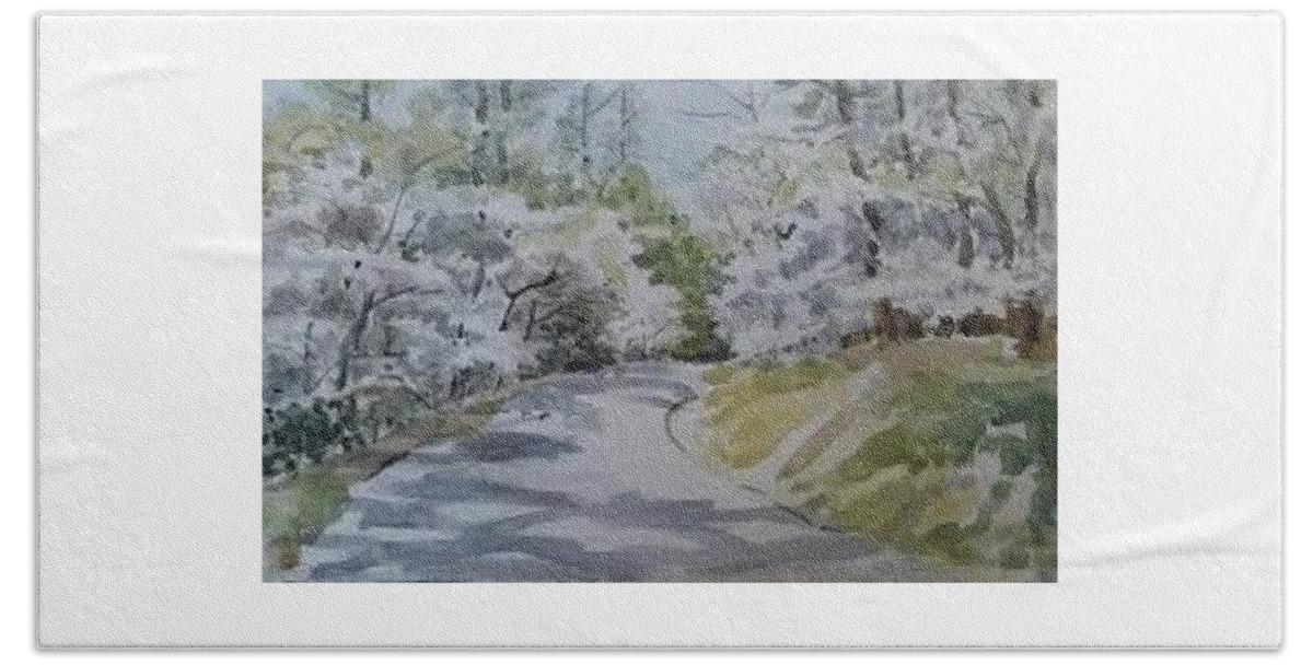 Landscape Beach Towel featuring the painting Cherry Blossoms Fickling Dr by Martha Tisdale