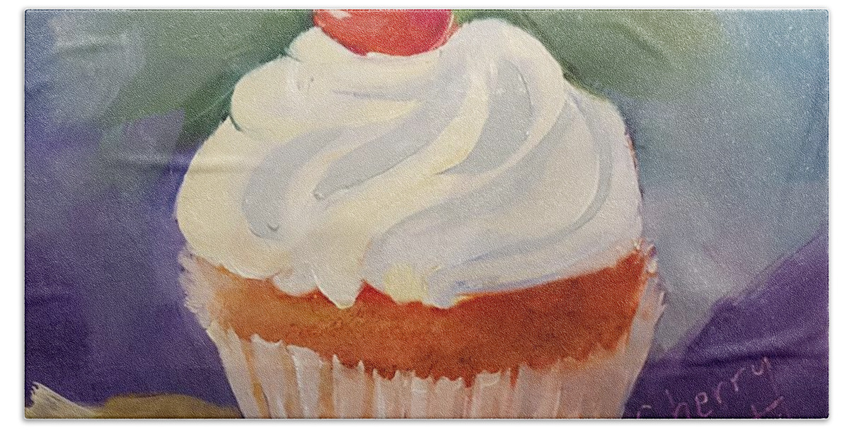 Cherry Delight Cupcake Beach Sheet featuring the painting Cherry Delight Cupcake by Judy Fischer Walton