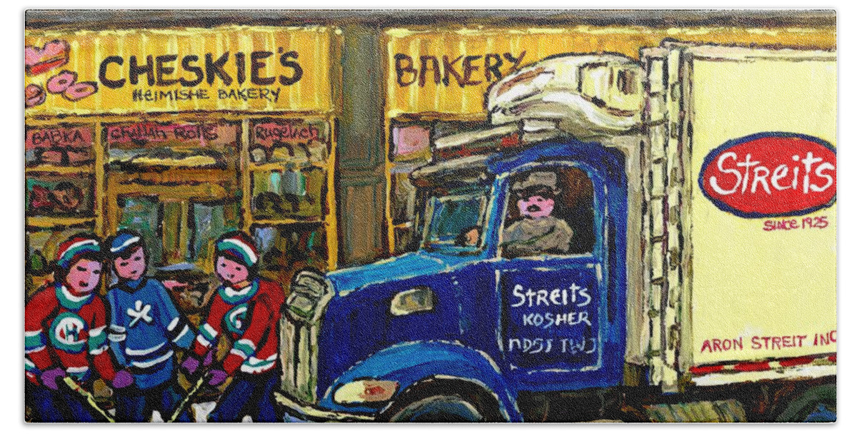 Montreal Beach Towel featuring the painting Cheskie's Kosher Bakery On Bernard Hockey Game Near Streit's Truck Montreal Winter Snow Scene  by Carole Spandau