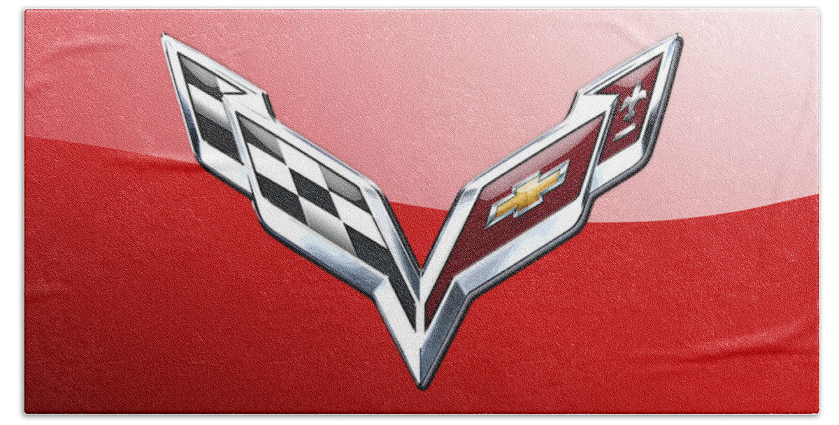 'wheels Of Fortune' Collection By Serge Averbukh Beach Sheet featuring the photograph Chevrolet Corvette - 3d Badge On Red by Serge Averbukh
