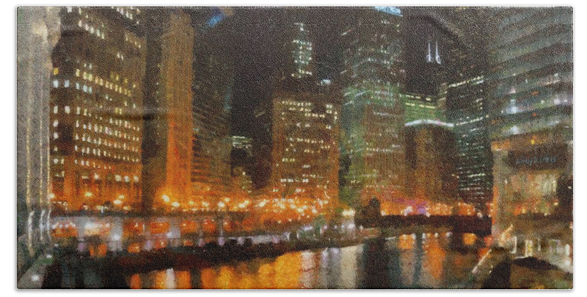 Chicago Beach Towel featuring the painting Chicago at Night by Jeffrey Kolker
