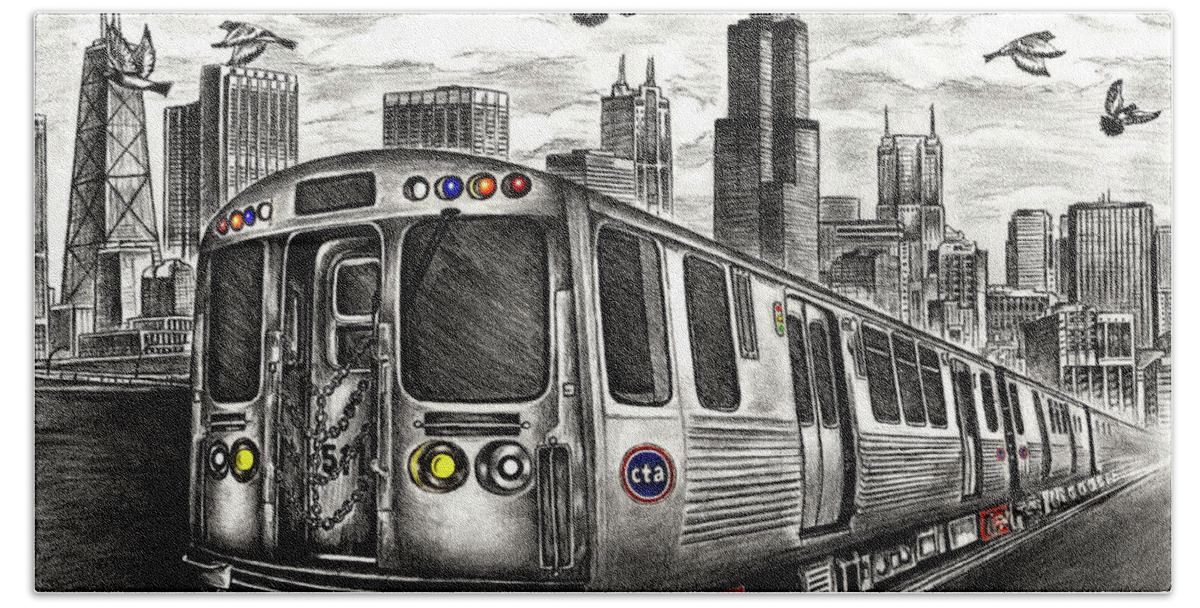 Ctatrain Beach Towel featuring the drawing Chicago CTA Train by Omoro Rahim
