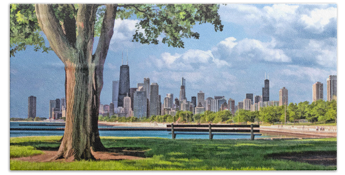 Chicago Beach Towel featuring the painting Chicago North Skyline Park by Christopher Arndt