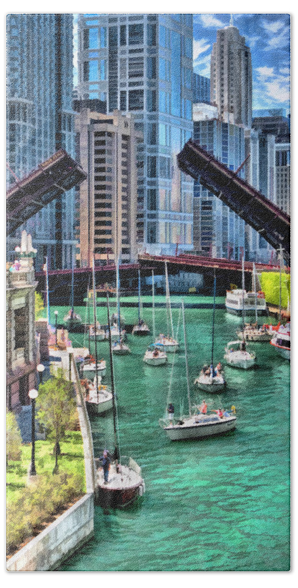 Boat Beach Towel featuring the painting Chicago River Boat Migration by Christopher Arndt