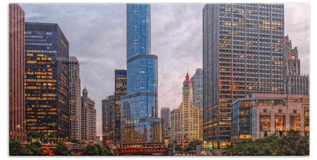 City Beach Towel featuring the photograph Chicago Riverwalk Equitable Wrigley Building and Trump International Tower and Hotel at Sunset by Silvio Ligutti