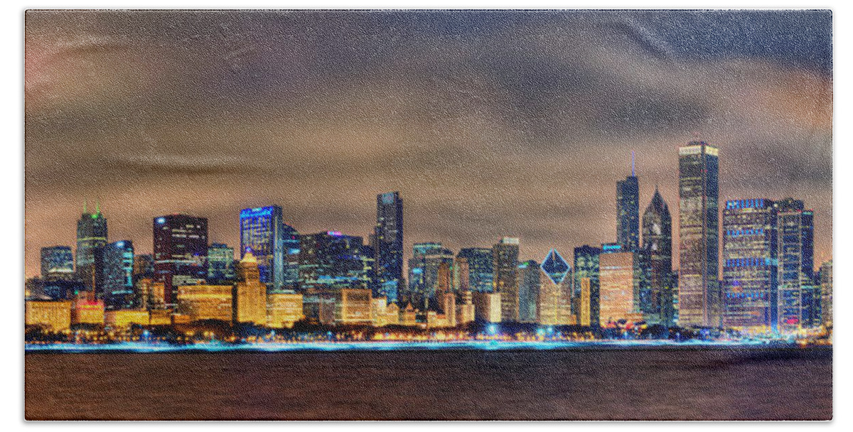 Chicago Beach Towel featuring the photograph Chicago Skyline at NIGHT Panorama Color 1 to 3 Ratio by Jon Holiday