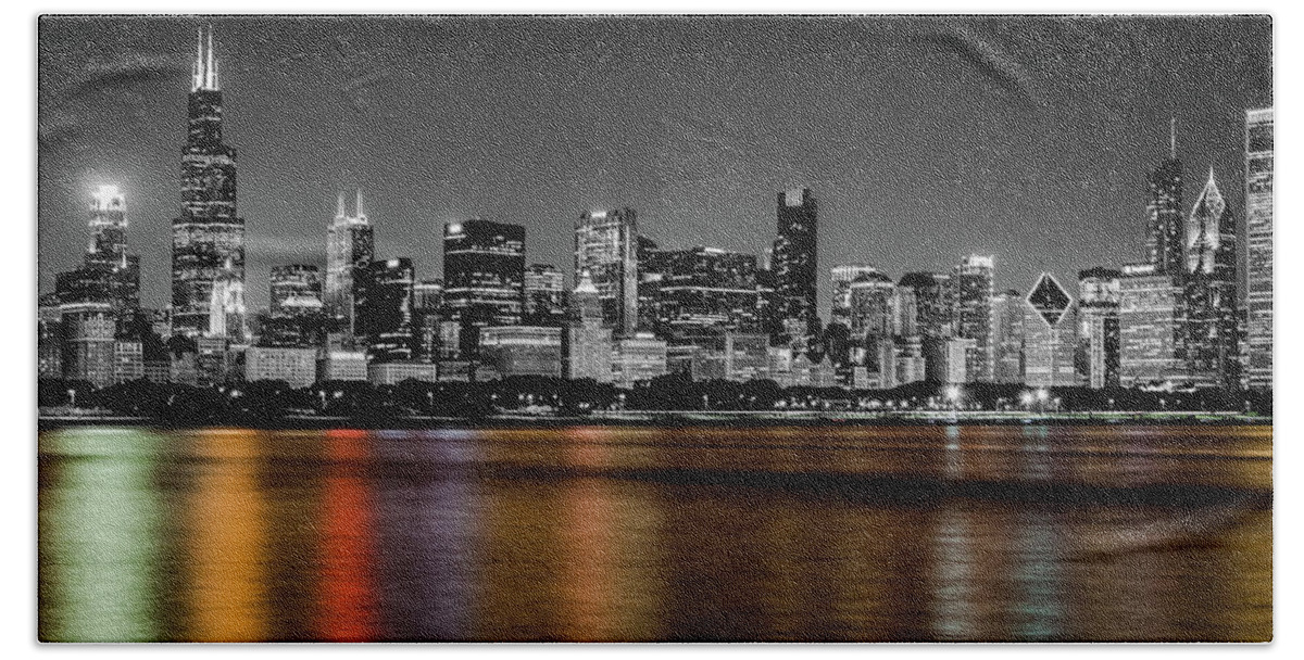 Chicago Beach Sheet featuring the photograph Chicago Skyline - Black and White with Color Reflection by Anthony Doudt