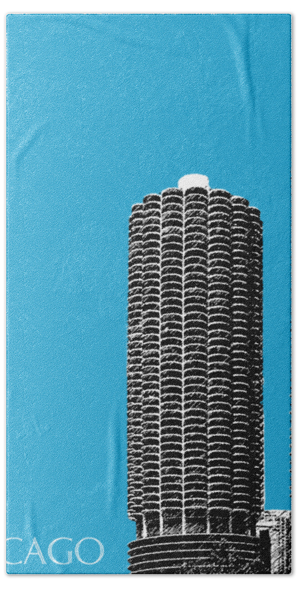 Architecture Beach Towel featuring the digital art Chicago Skyline Marina Towers - Teal by DB Artist
