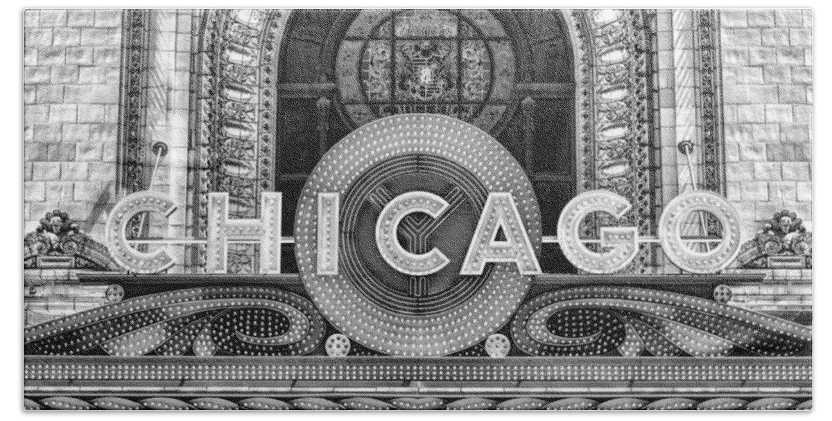 Chicago Beach Sheet featuring the photograph Chicago Theatre Marquee Sign Black and White by Christopher Arndt