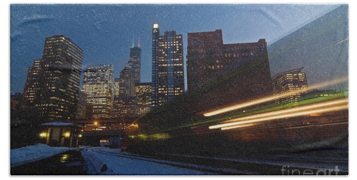 Chicago Skyline Beach Towel featuring the photograph Chicago Train Blur by Sven Brogren