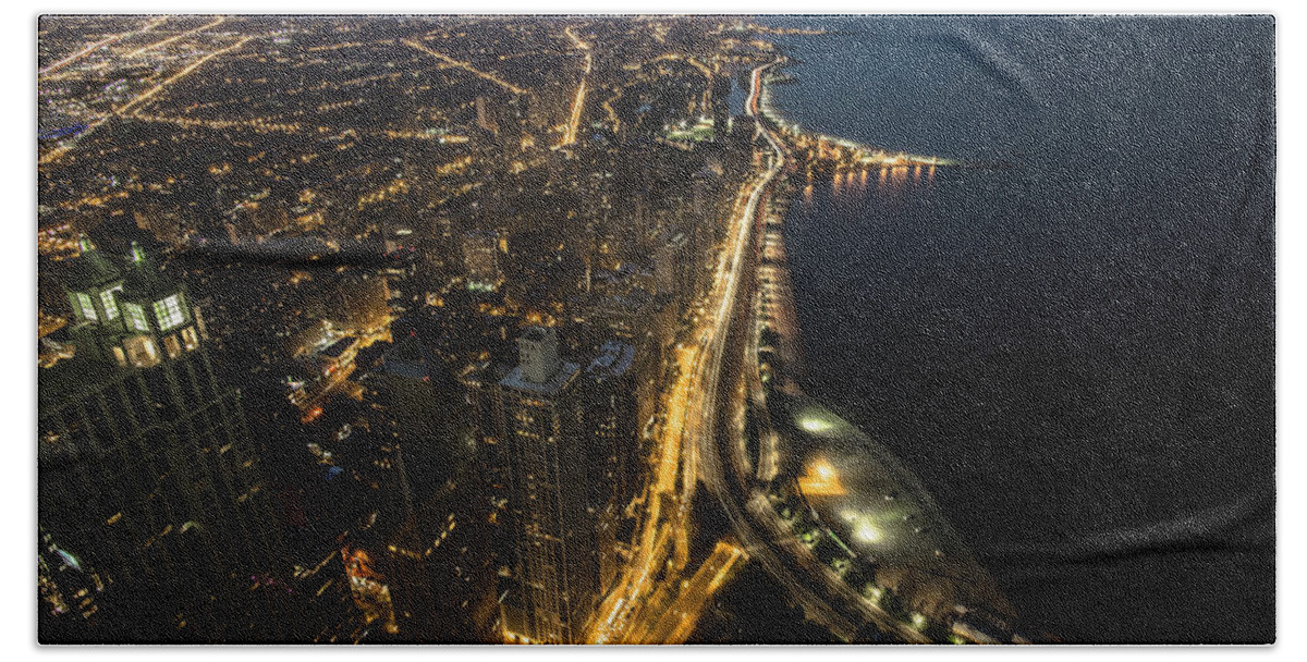 John Hancock Beach Towel featuring the photograph Chicago's north side from above at night by Sven Brogren