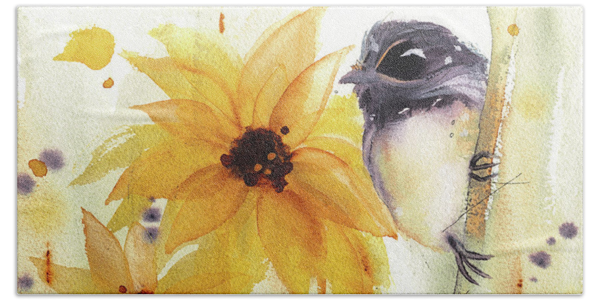 Watercolor Beach Towel featuring the painting Chickadee and Sunflowers by Dawn Derman