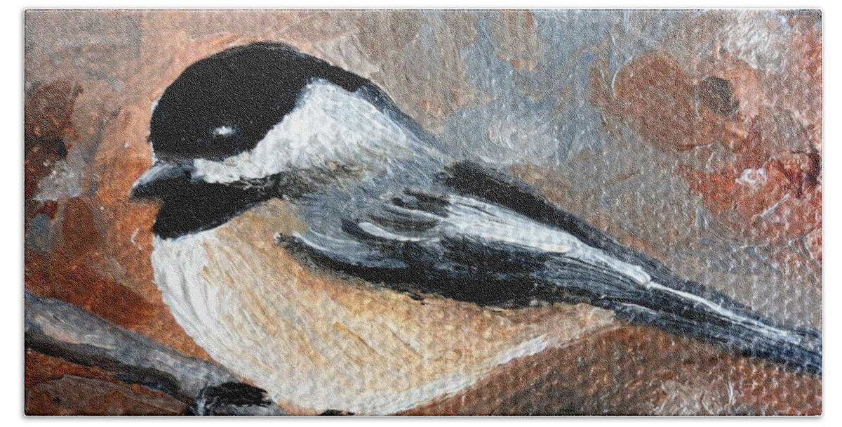 Chickadee Beach Towel featuring the painting Chickadee in the Fall by Julie Brugh Riffey