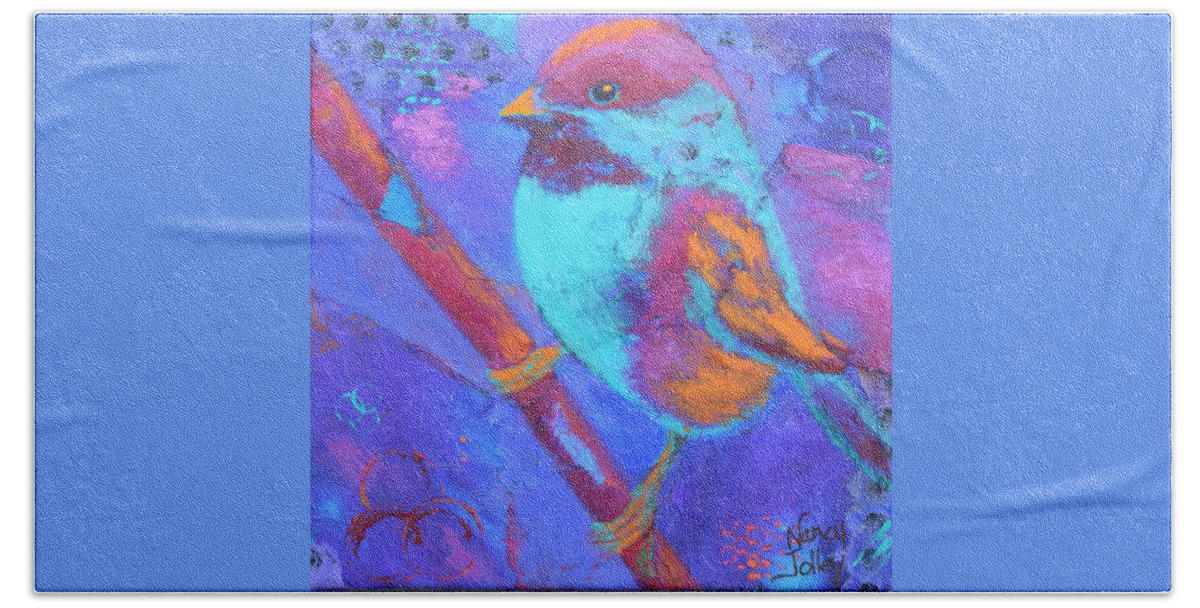 Chickadee Beach Towel featuring the painting Chickadee by Nancy Jolley