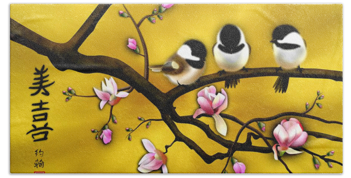 Asian Art Beach Towel featuring the digital art Chickadee on blooming Magnolia branch by John Wills